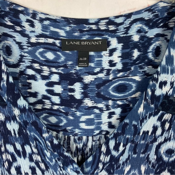 Lane Bryant Size 26 28 Blue Ikat Long Sleeve V Neck Top Lace Detail Gathered Hem - Picture 2 of 9